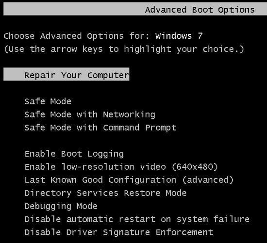 opțiunile de boot Windows 7
