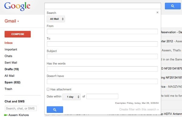 opțiunile de căutare pentru gmail