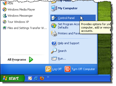 Deschiderea panoului de control în Windows XP