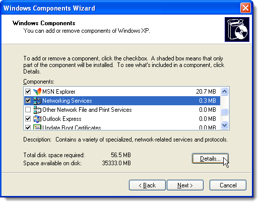 Faceți clic pe Detalii din Expertul Windows Components