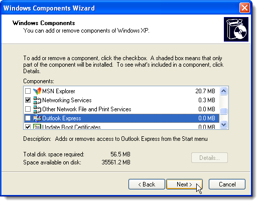 Faceți clic pe Următorul pe ecranul Windows Components