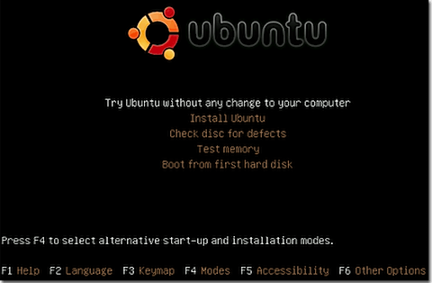Meniul principal Ubuntu Linux Live CD