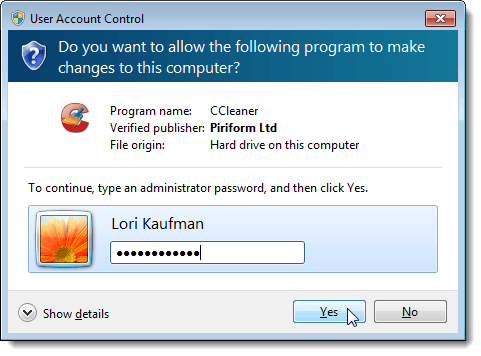 Enter the administrator password on the UAC dialog box