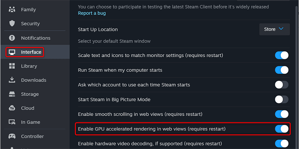 Dezactivați accelerarea GPU în imaginea Steam