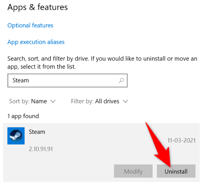 dezinstalarea aplicației steam în Windows 10