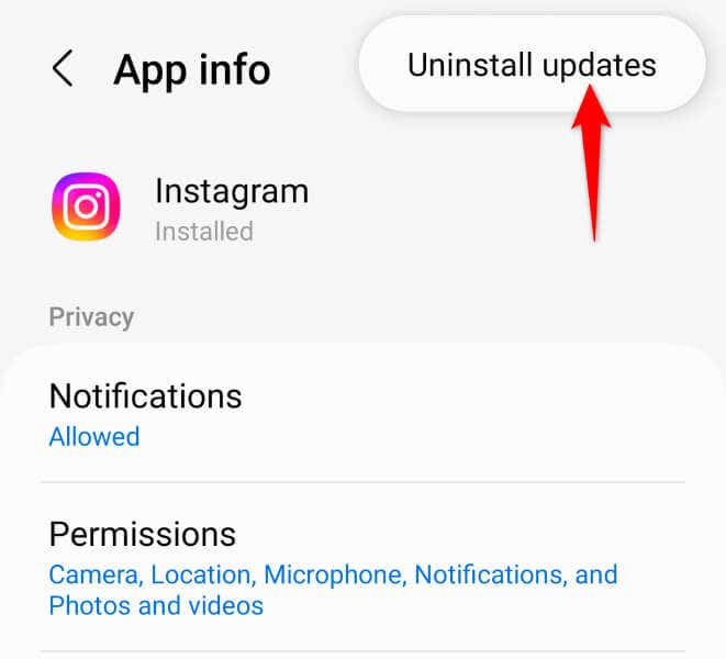 Dezinstalați actualizările aplicației Instagram pe imaginea Android