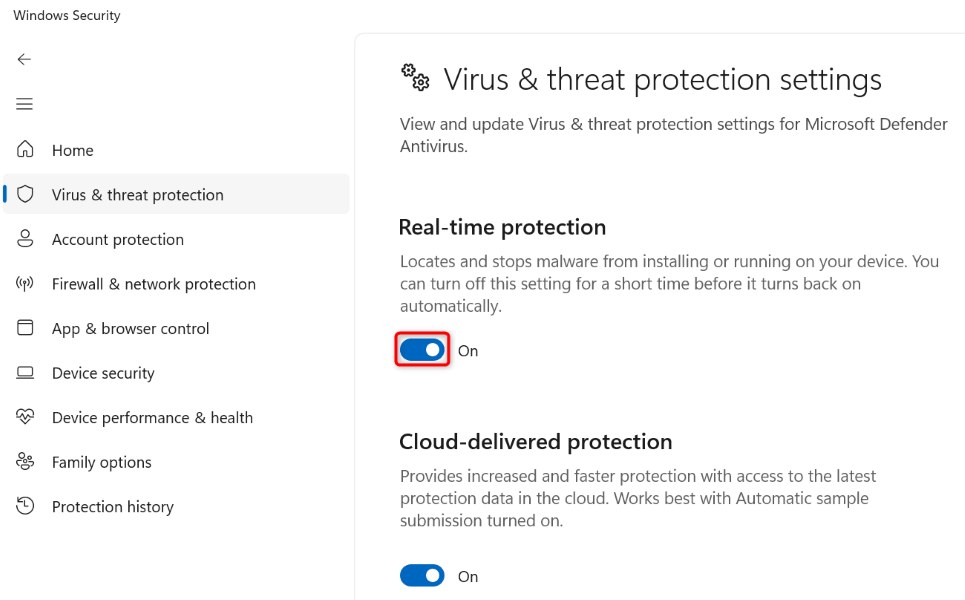 Dezactivarea protecției în timp real în Windows