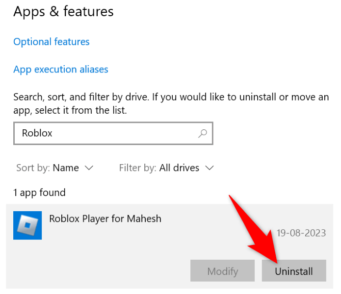 Dezinstalarea roblox în Windows 10