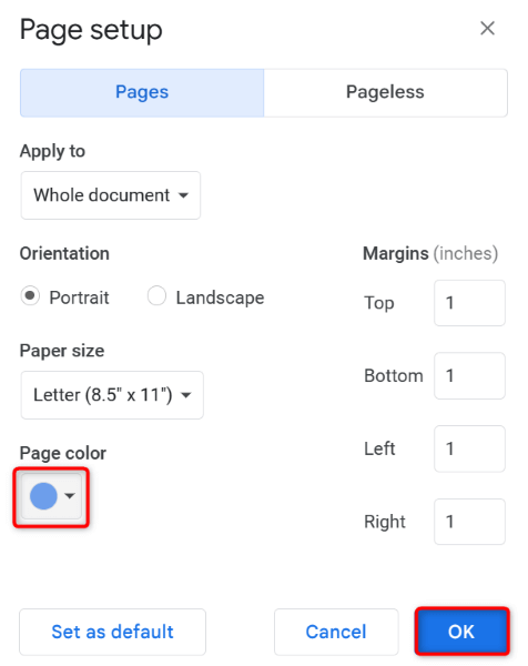 Schimbați imaginea de culoare de fundal a paginii documentului Google Docs