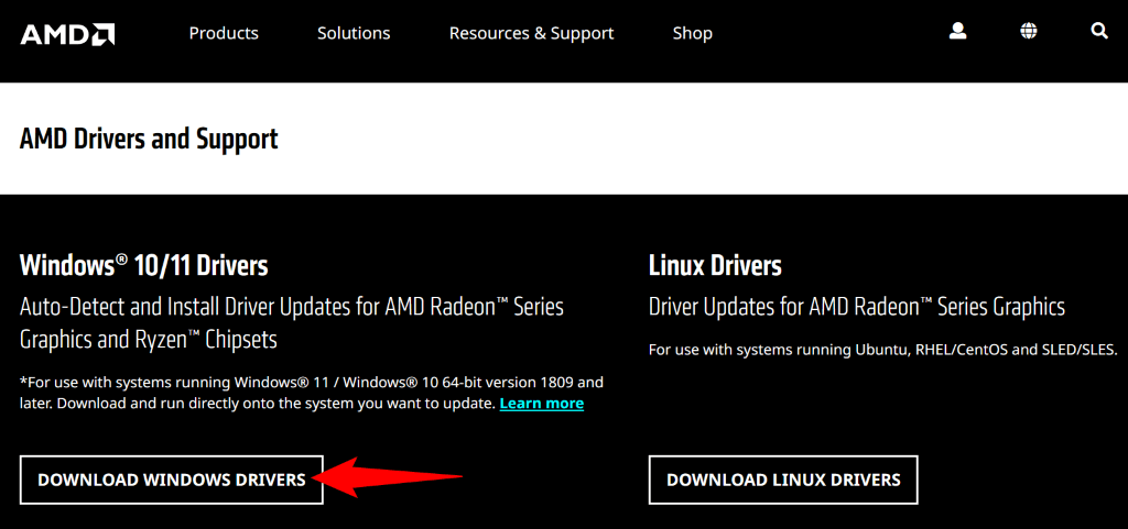 Descărcarea driverelor Windows de pe site-ul web AMD