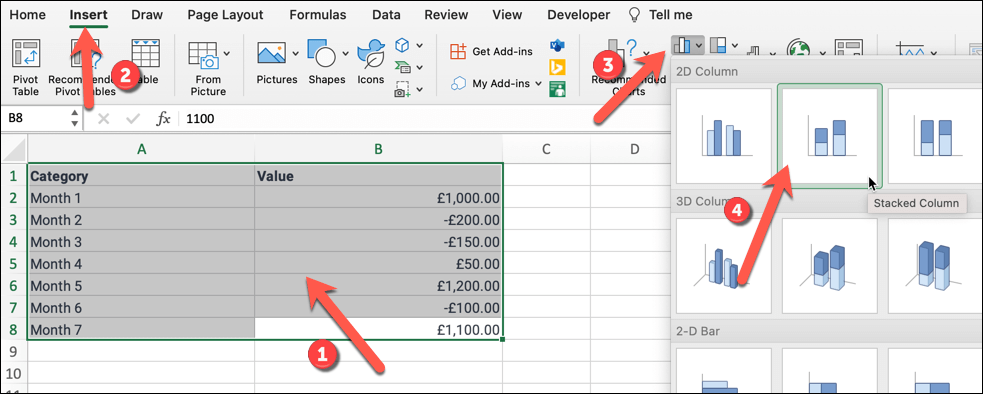 Cum se creează o diagramă cu cascadă în imaginea Microsoft Excel 6